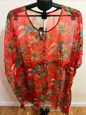 NWT American Leisure Women's Red Floral Sheer Coverup